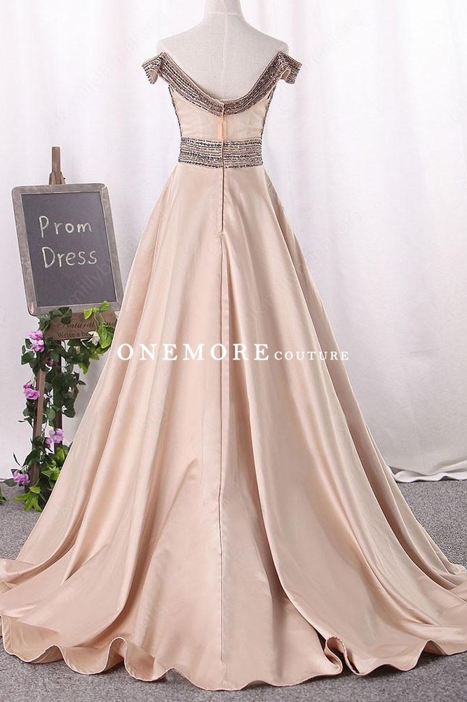 Blush Pink Off Shoulder Long Prom Dress with Beaded Top