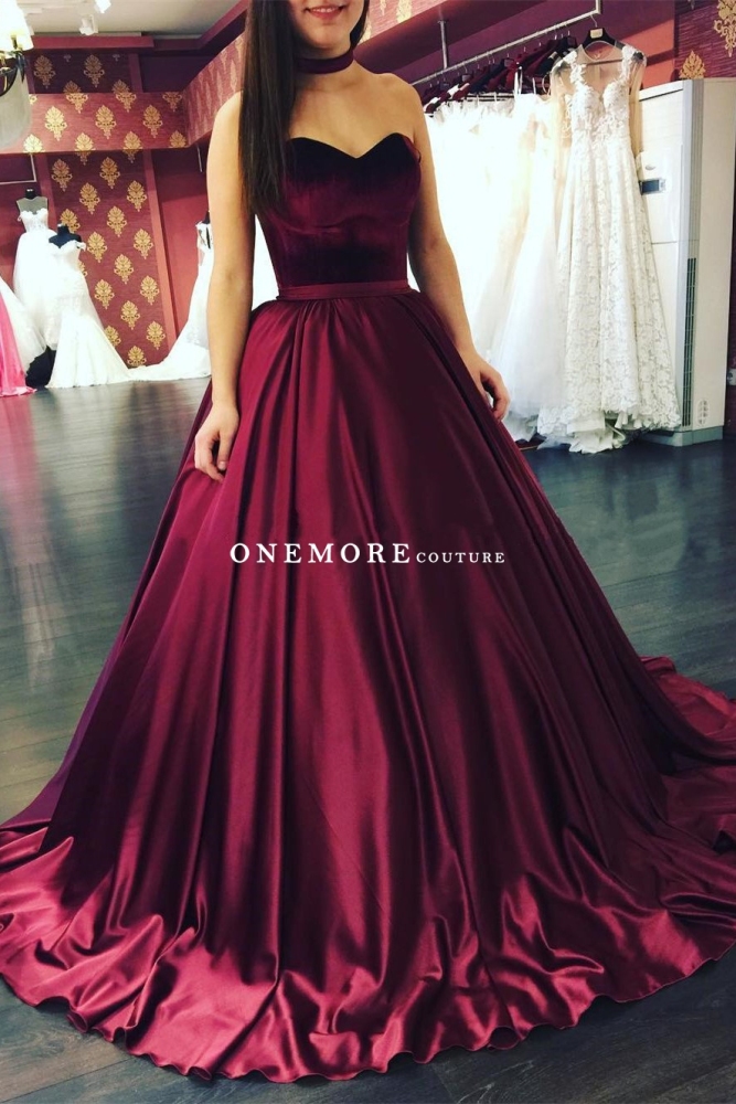 Wine Red Sleeveless Ball Gown Satin Prom Dress