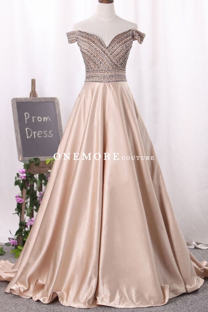 Blush Pink Off Shoulder Long Prom Dress with Beaded Top