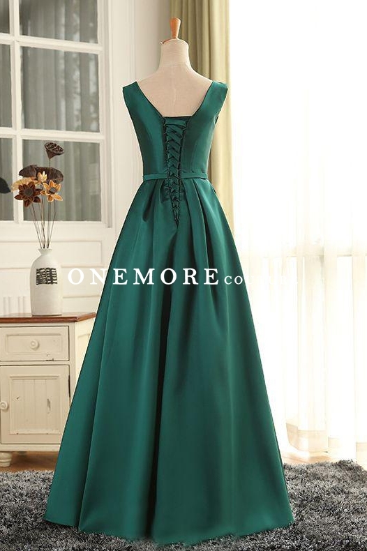 Long A Line Emerald Green Satin Prom Dress