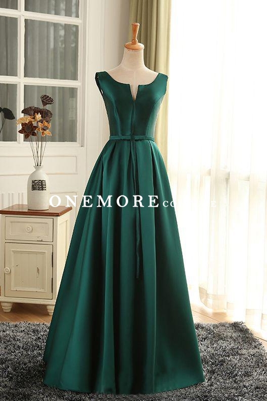 Long A Line Emerald Green Satin Prom Dress