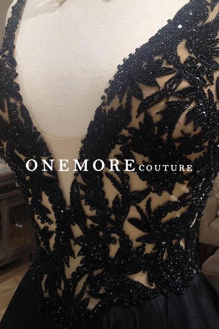 A Line Sexy Black Prom Dress with Beaded Bodice