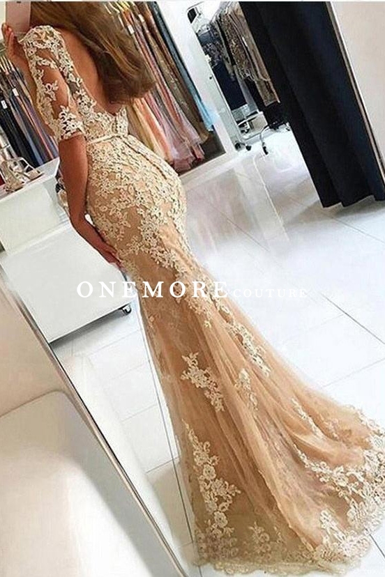 Sexy Illusion Neck Mermaid Lace Dress with Sleeves