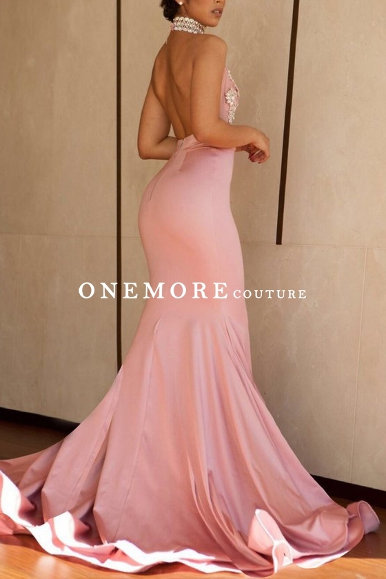 Blush Color Mermaid Prom Dress with Halter Lace Top