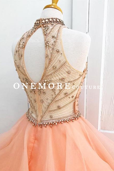 Peach Pink Keyhole Back Organza Dress with Beading