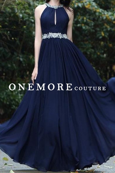 Halter Top Navy Blue Chiffon Prom Dress with Beading