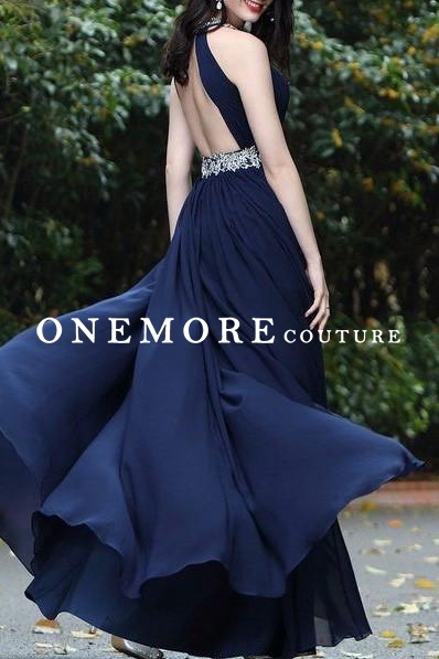 Halter Top Navy Blue Chiffon Prom Dress with Beading