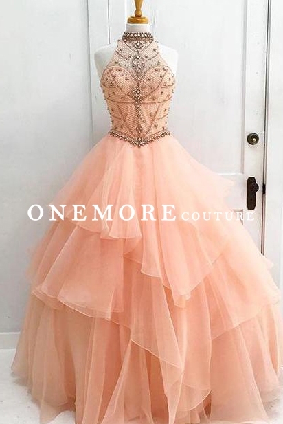 Peach Pink Keyhole Back Organza Dress with Beading