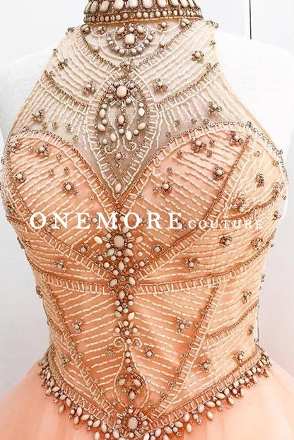 Peach Pink Keyhole Back Organza Dress with Beading