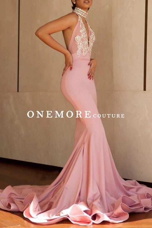 Blush Color Mermaid Prom Dress with Halter Lace Top