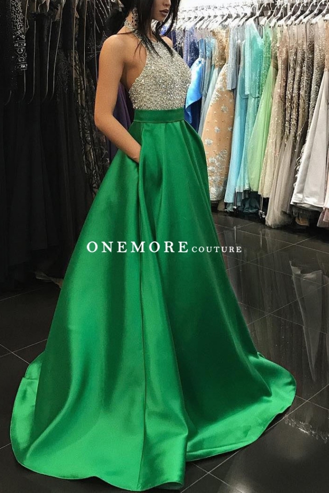 Royal Blue Long Prom Dress with Beaded Halter Top