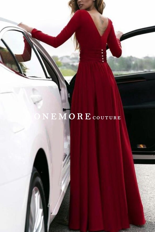 Long Dark Red Sexy V Neck Prom Dress with Slit