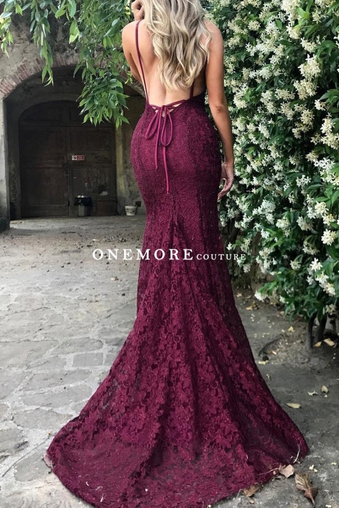 Sexy Burgundy Mermaid Backless Lace Prom Dress