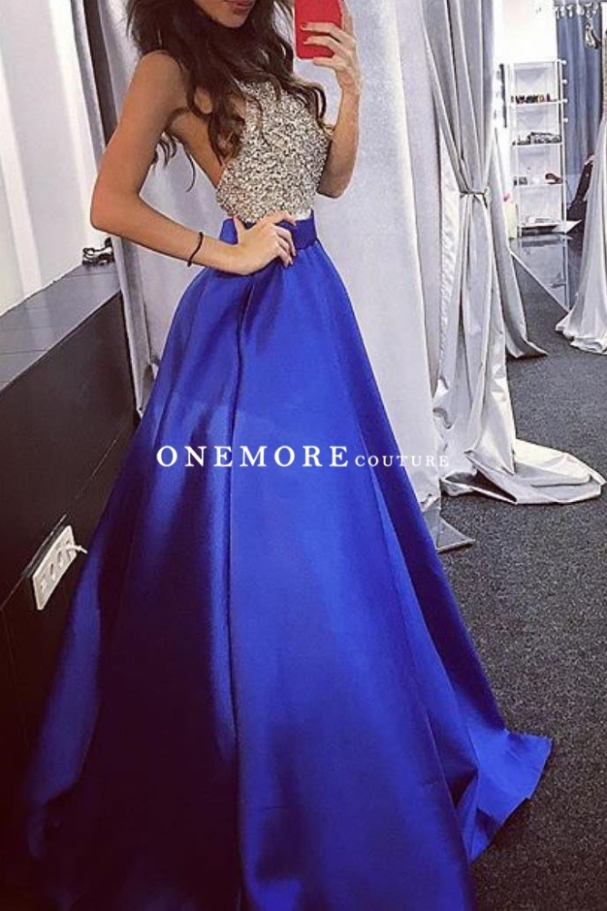 Royal Blue Long Prom Dress with Beaded Halter Top