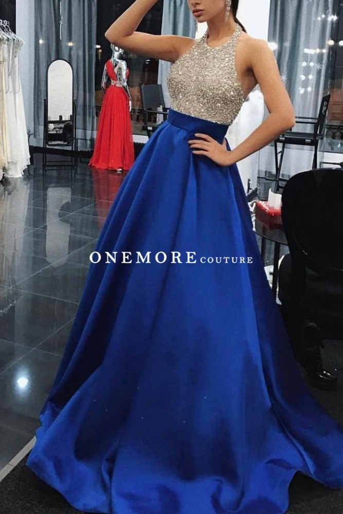 Royal Blue Long Prom Dress with Beaded Halter Top