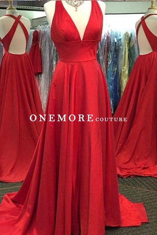 Simple Long Red Satin Prom Dress with Open Back