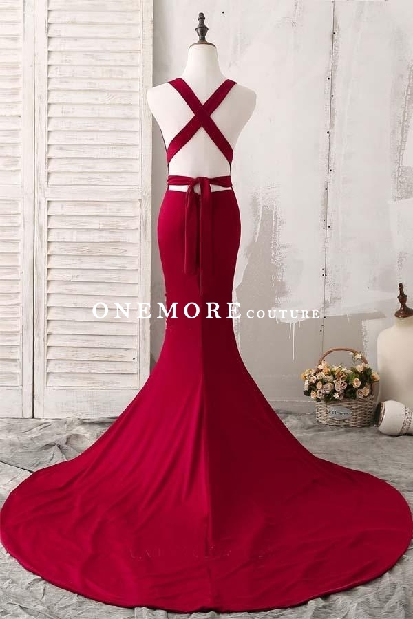 V Neck Deep Red Long Mermaid Prom Dress