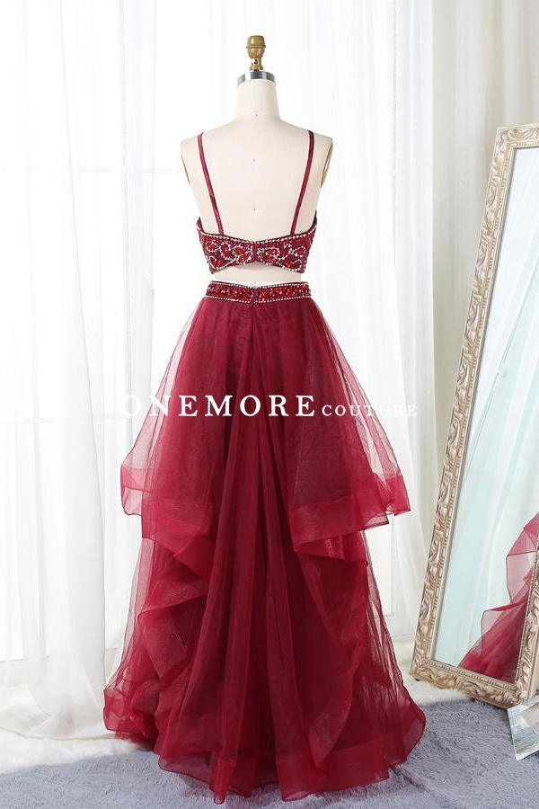 Two Pieces Style Beaded Dark Red Long Prom Dress