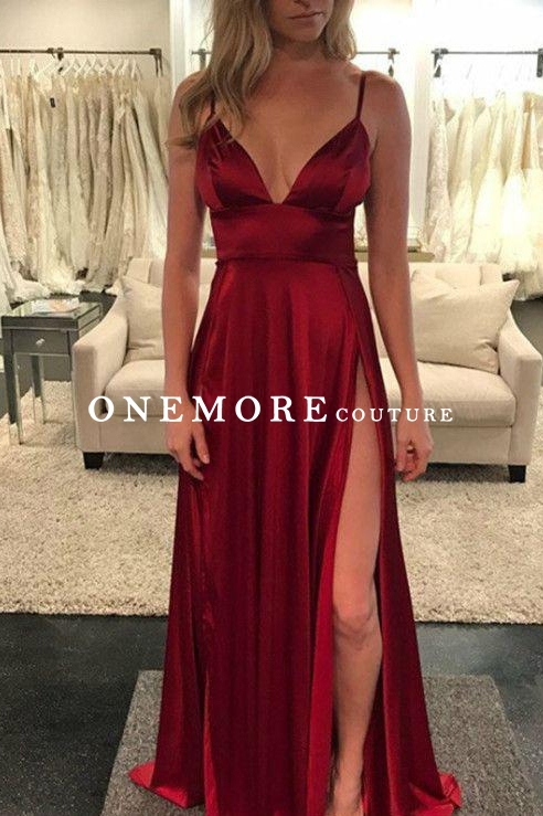 Sexy V Neck Long Red Satin Prom Dress with Slit