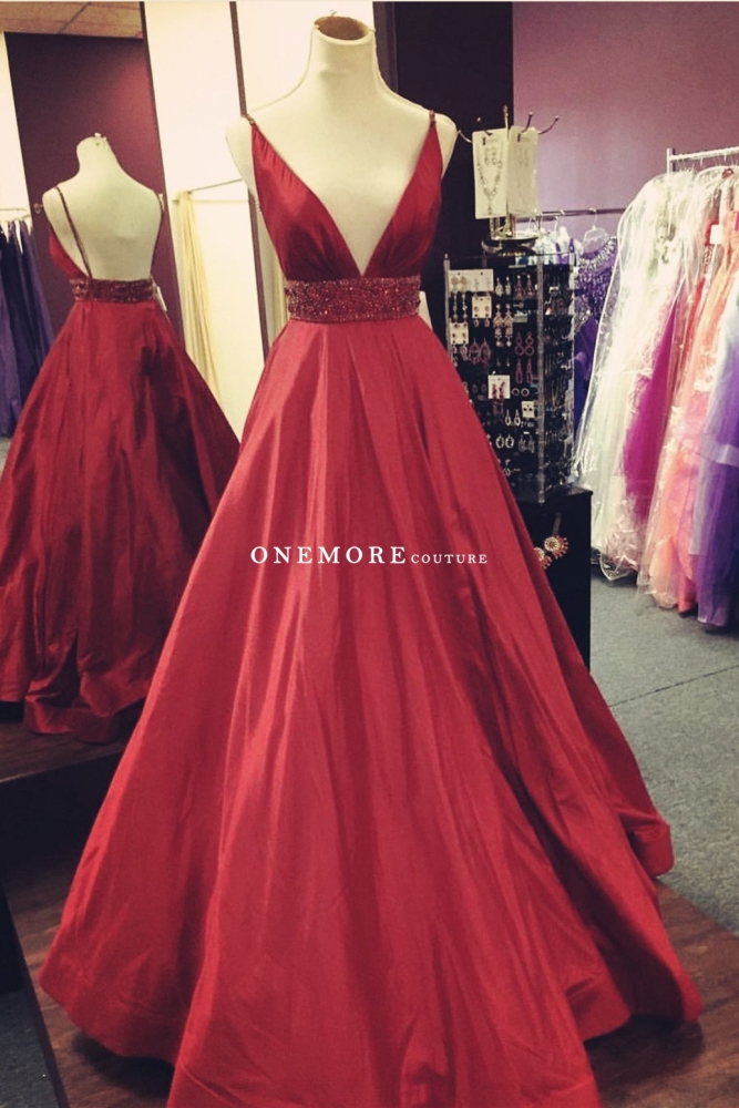 Sexy Low V Neck Red Ball Gown Prom Dress with Beading