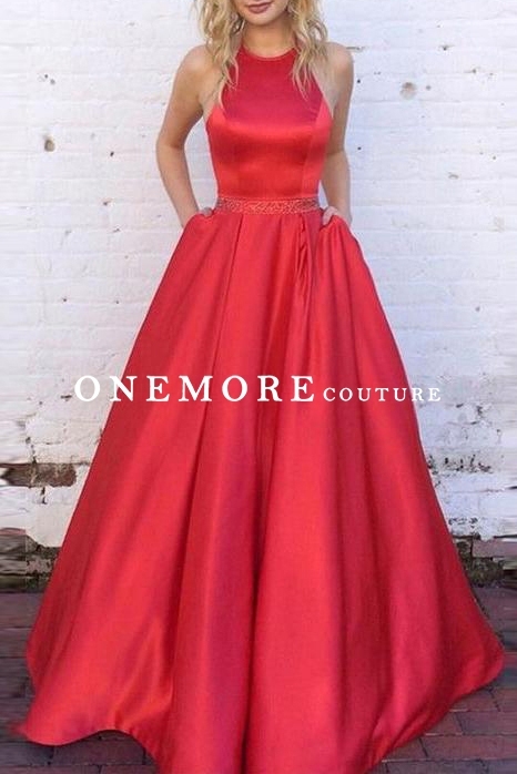Red Mikado Ball Gown Prom Dress with Beaded Belt