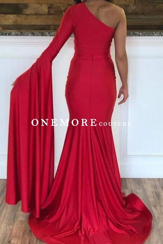 Red Mermaid Prom Dress with Long One Shoulder Sleeves