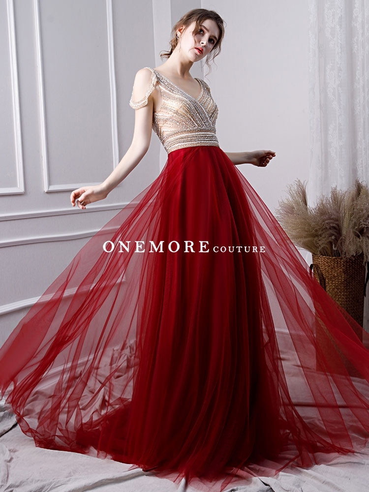 Dark Red Long Tulle Prom Dress with Beaded Top