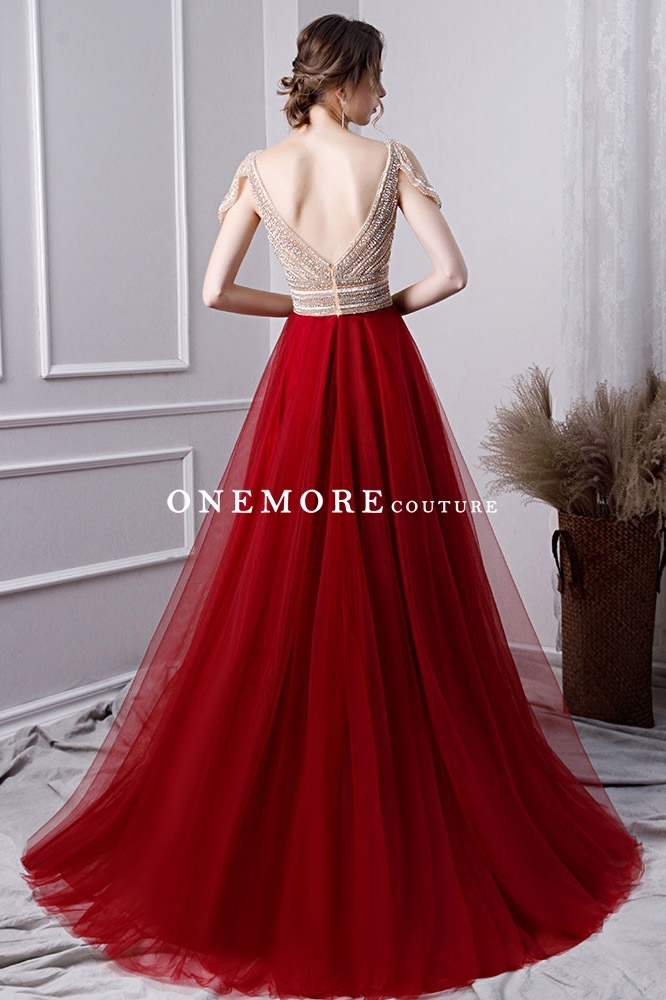 Dark Red Long Tulle Prom Dress with Beaded Top