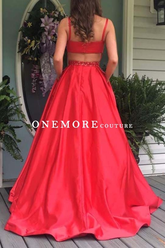 Red Long A Line Mikado Prom Dress with Beaded Belt