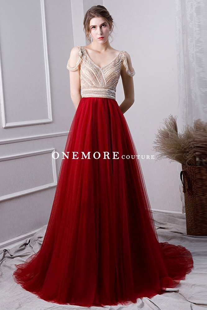 Dark Red Long Tulle Prom Dress with Beaded Top
