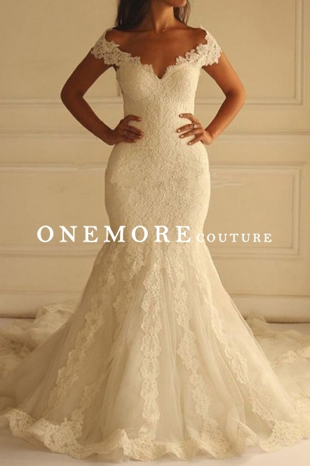 Ivory Off Shoulder Lace Mermaid Wedding Dress
