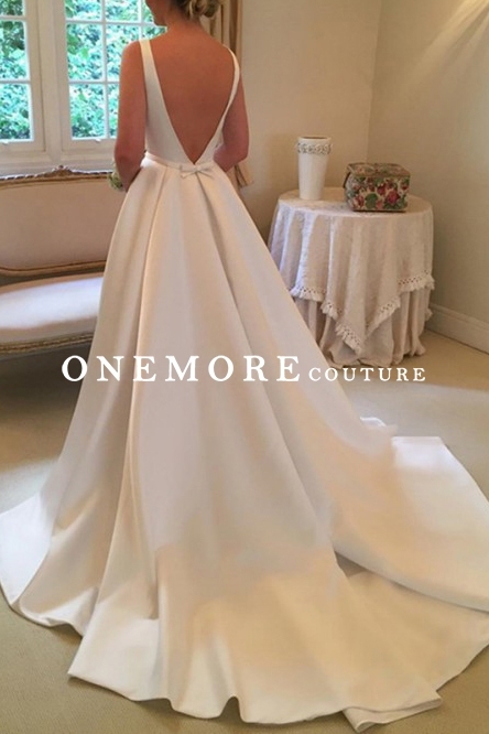 Simple A Line White Mikado Wedding Dress with Train
