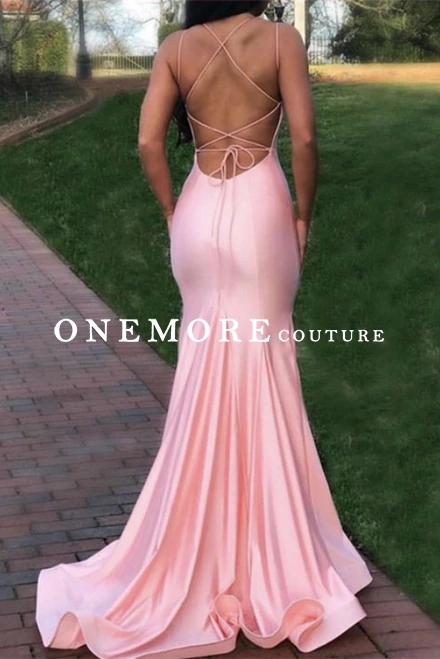 Strappy Sexy Backless Light Pink Mermaid Dress