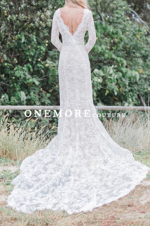 Sexy V Neck Long Sleeves Mermaid Lace Wedding Dress