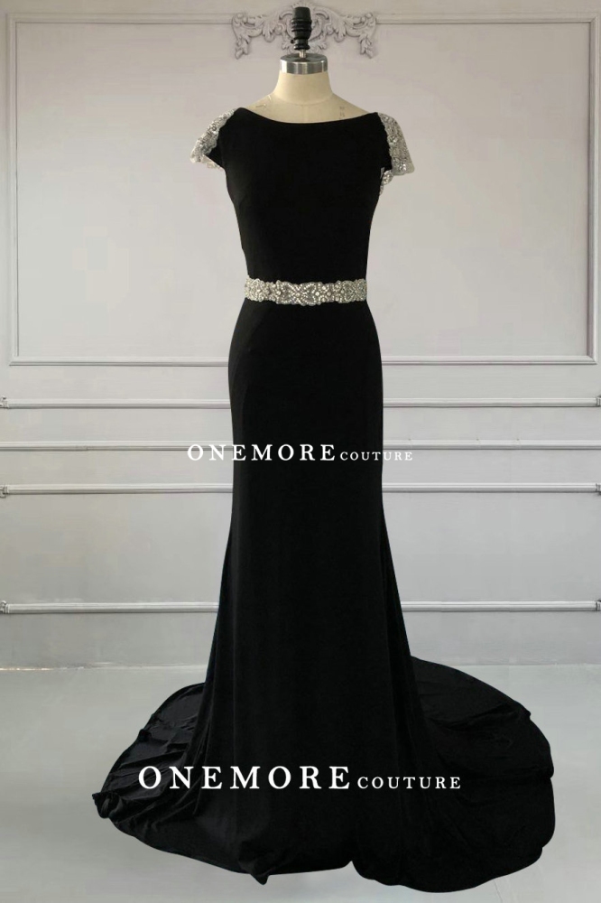 Emerald Green Mermaid Prom Dress with Beaded Cap Sleeves