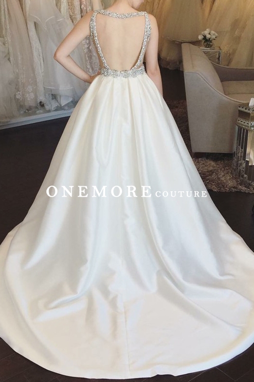 Sexy Plunge Neck Ivory Mikado Wedding Dress
