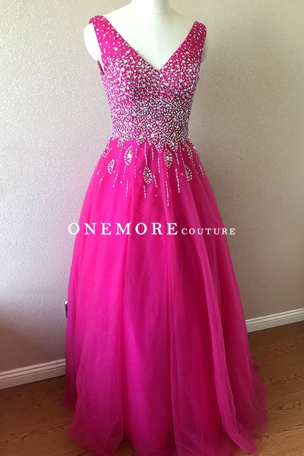 Hot Pink Beaded V Neckline Tulle Prom Dress