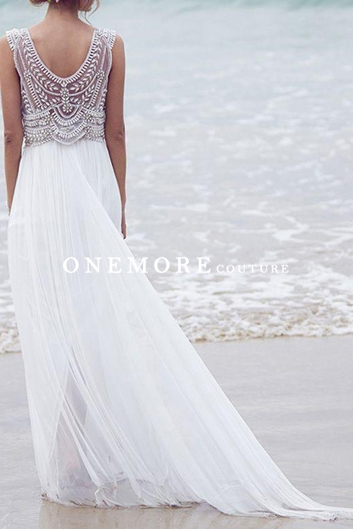 Sexy Ivory Tulle Beach Wedding Dress with Beading