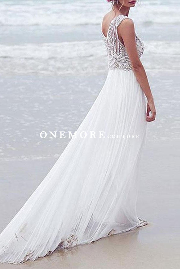 Sexy Ivory Tulle Beach Wedding Dress with Beading