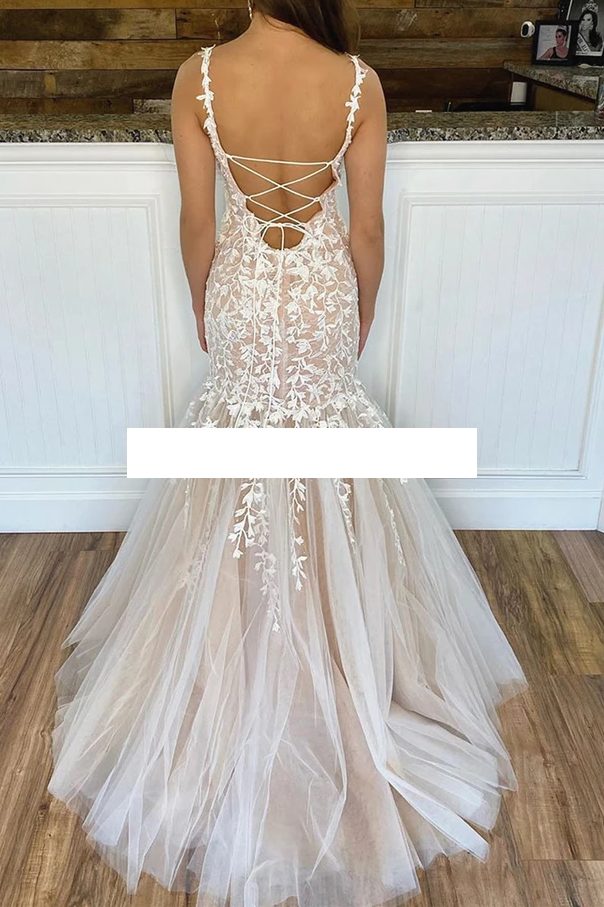 Sexy Champagne Mermaid Lace Wedding Dress