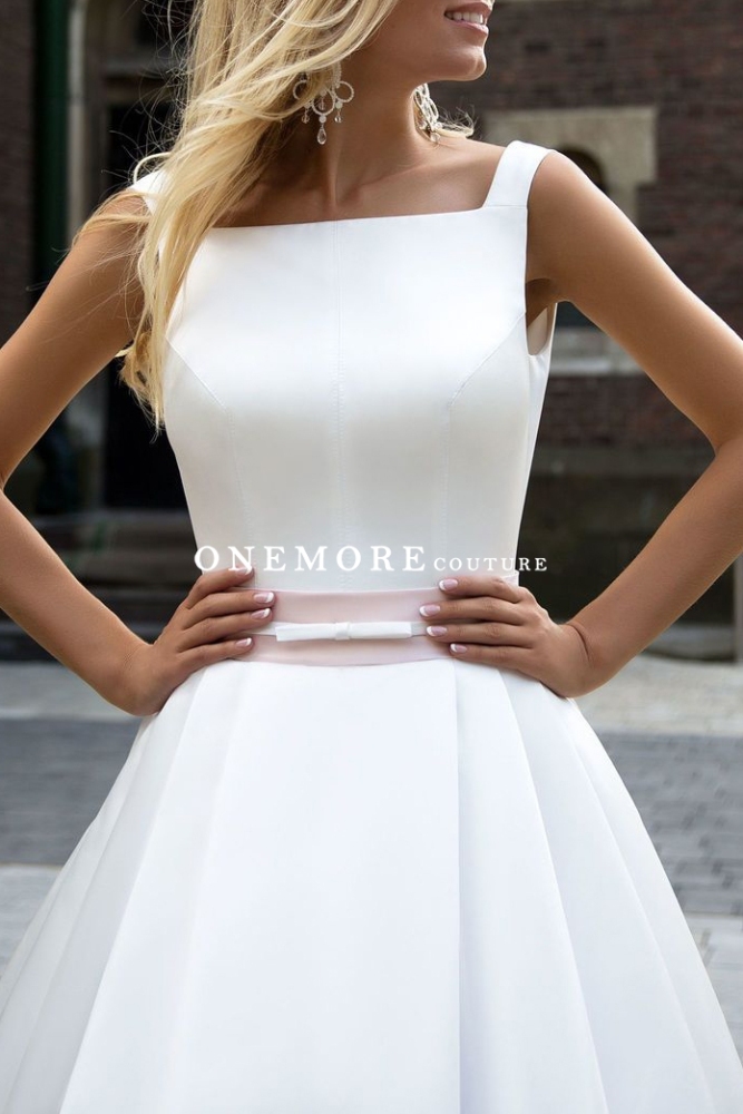 A Line White Mikado Wedding Dress with Low Back
