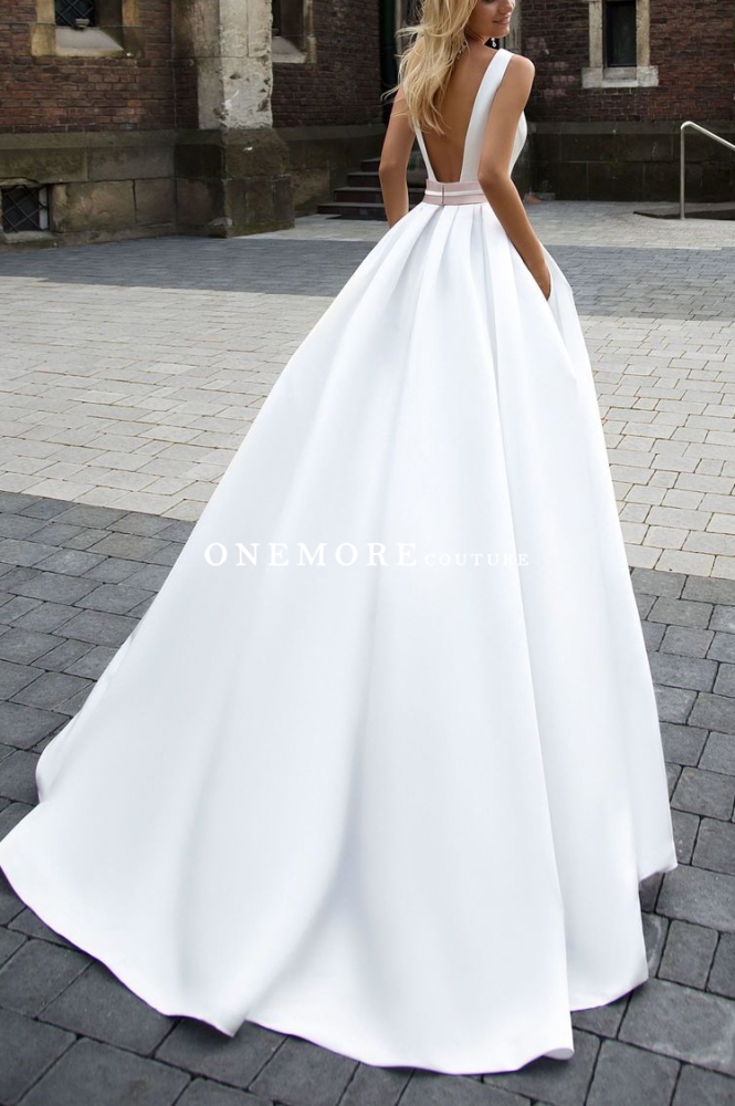 A Line White Mikado Wedding Dress with Low Back