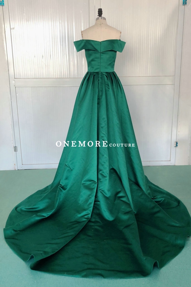 Pleated Emerald Green Satin Prom Dress with Off Shoulder