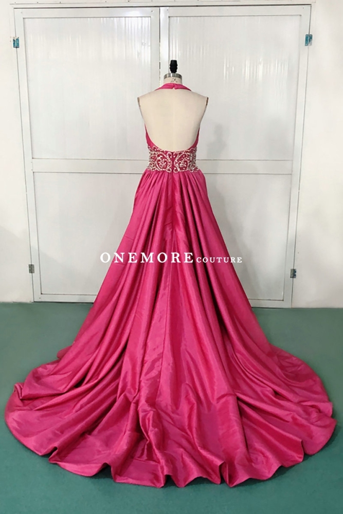 Hot Pink Halter Neck Beaded Dress with Overskirt