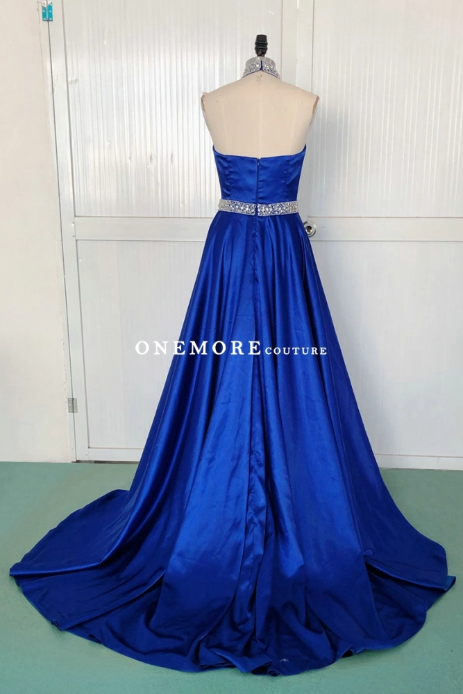 Royal Blue Satin Halter Pageant Gown with Crystal Waist