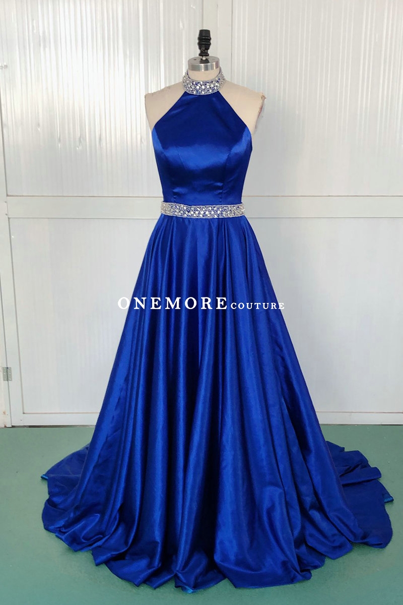 Royal Blue Satin Halter Pageant Gown with Crystal Waist