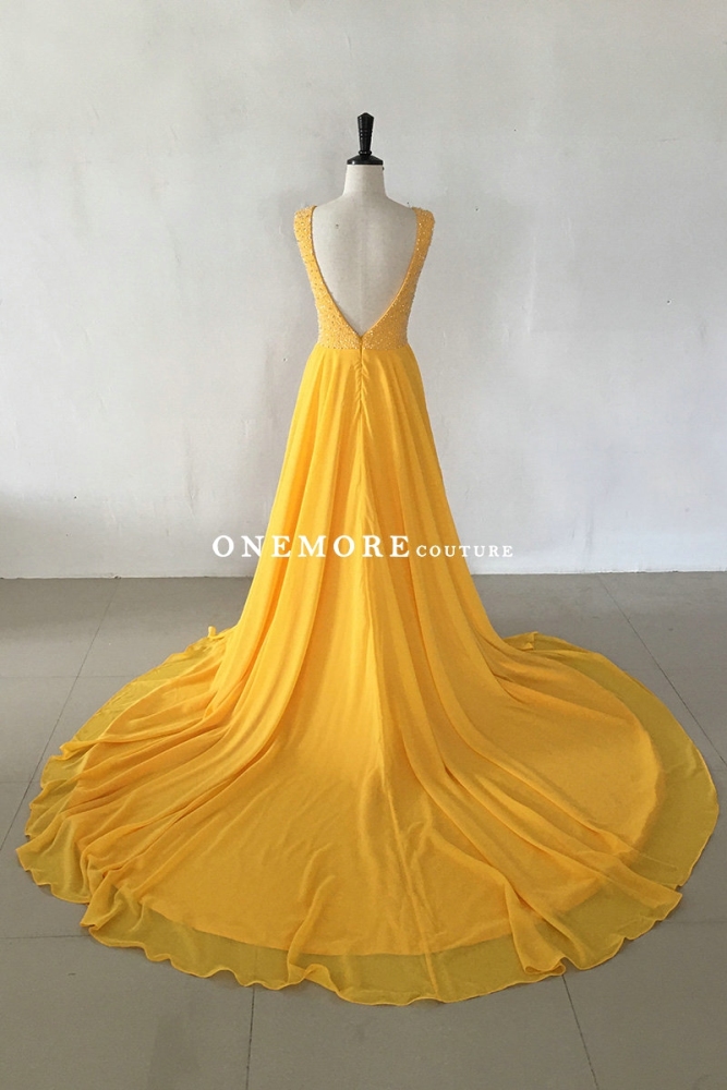 Bright Yellow Beaded Chiffon Dress with Long Train