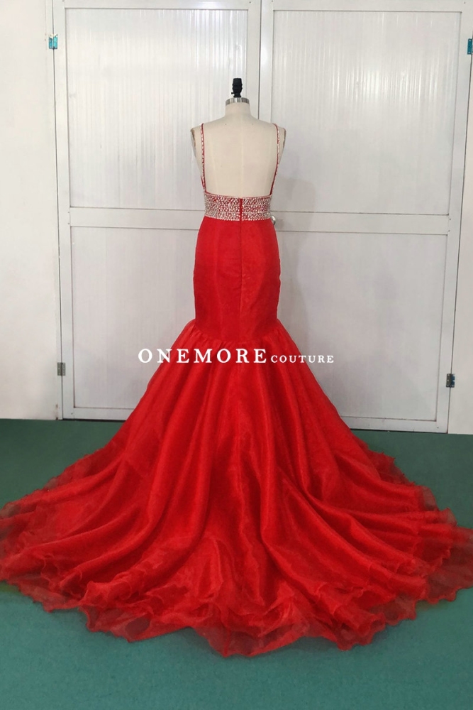 Red V Neckline Mermaid Organza Dress with Beading