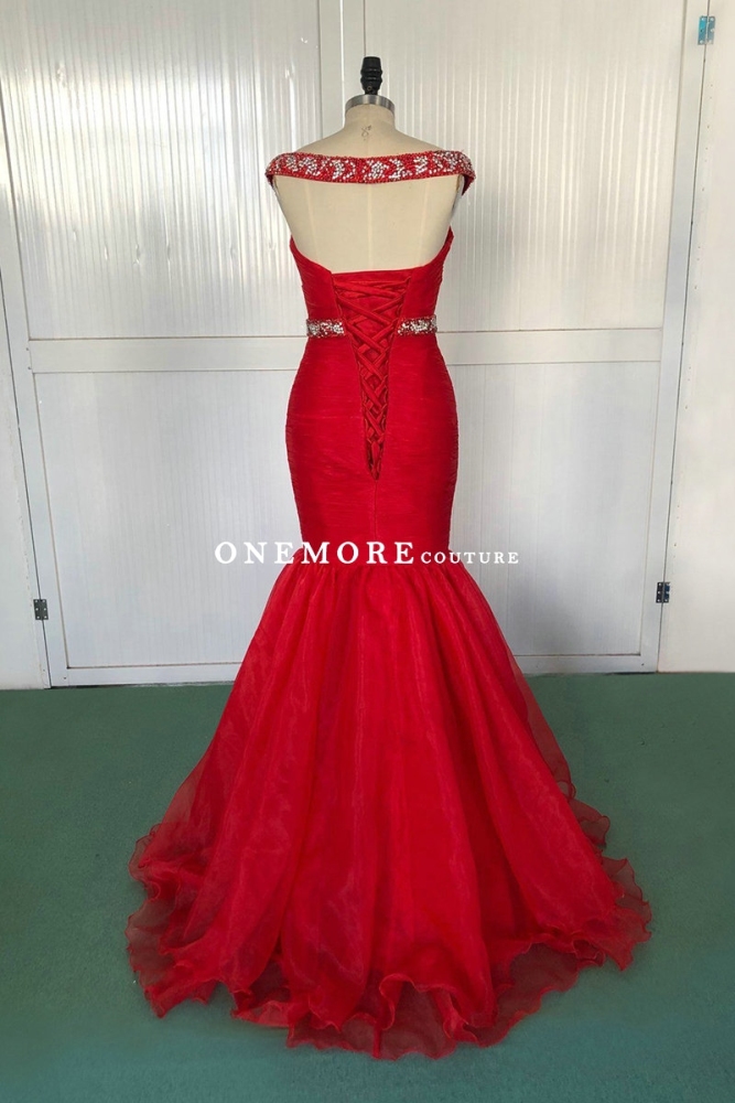 Red Beaded Off Shoulder Mermaid Organza Pageant Dress