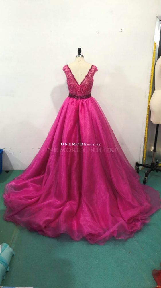 Fuschia Pink V Neck Organza Glitz Pageant Dress for Teen